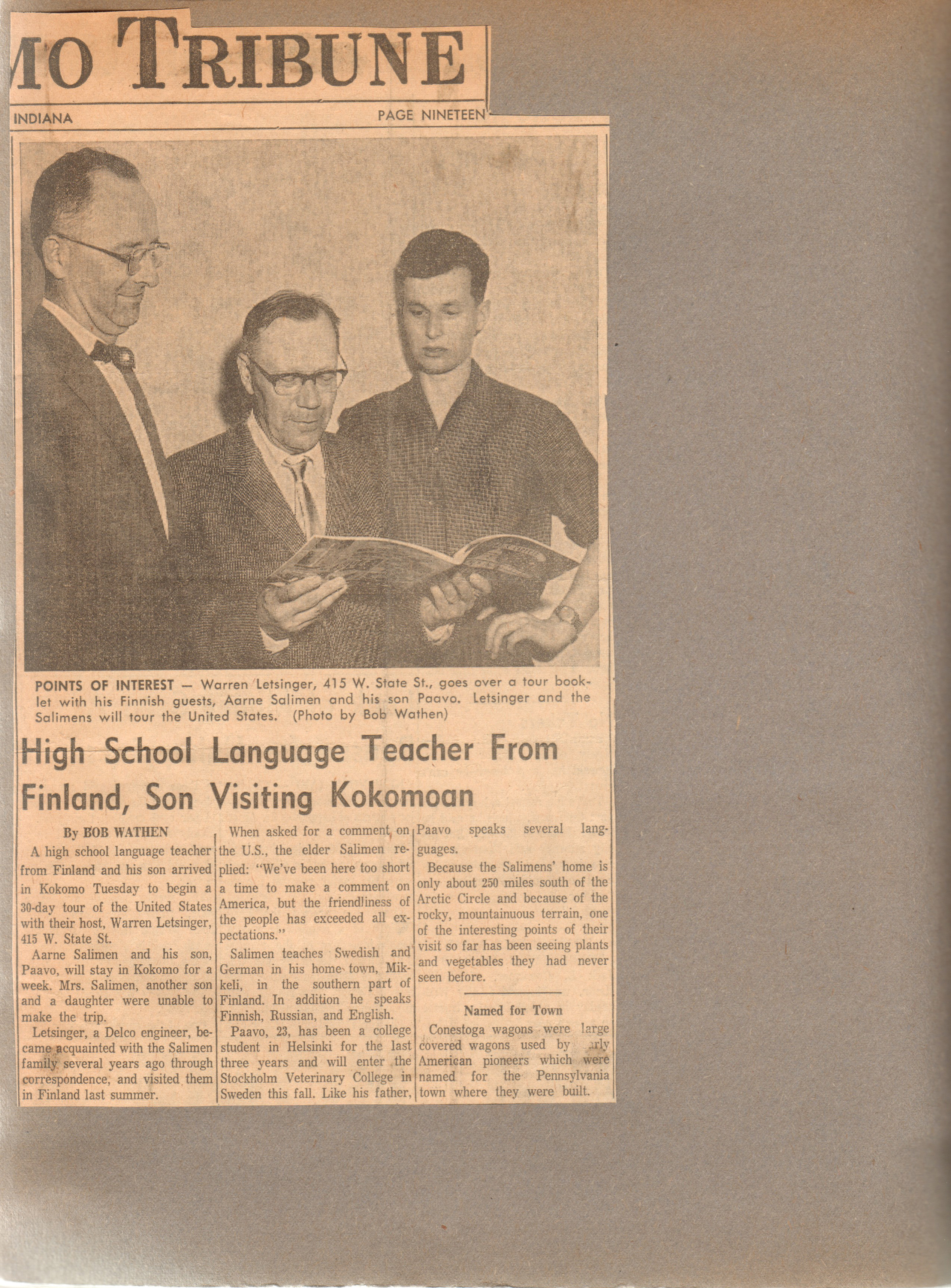 Newspaper clipping (misspells Salminen) teacher visits From Helsinki, Finland. Warren, Aarne, Paavo.