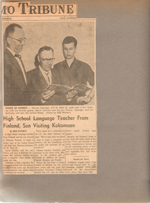 Newspaper clipping (misspells Salminen) teacher visits From Helsinki, Finland. Warren, Aarne, Paavo.