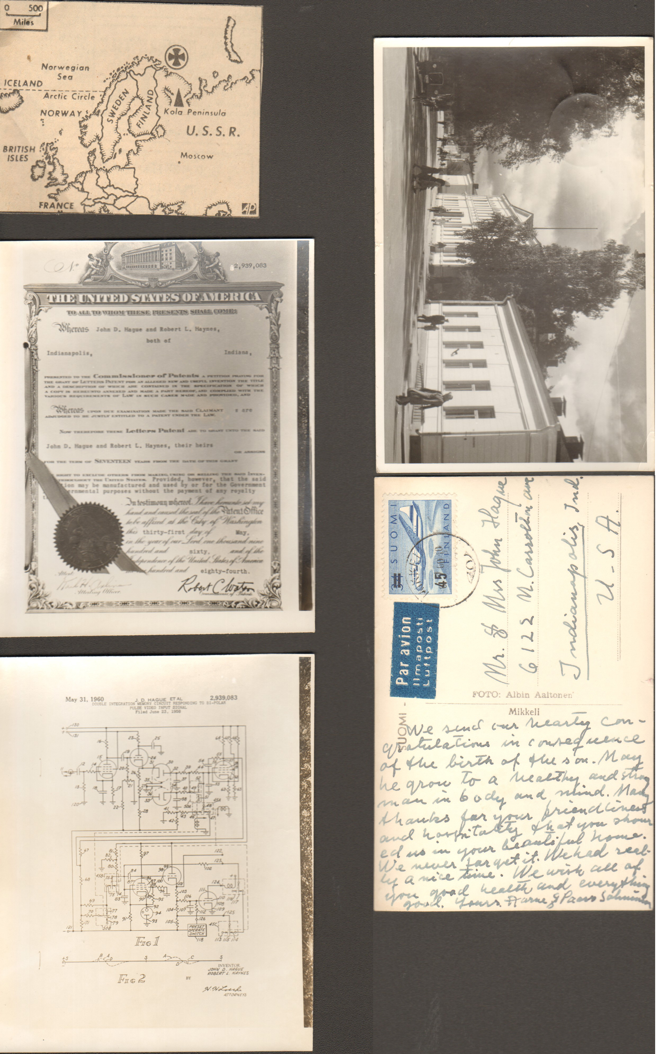 loose items - map of Finland. John D Hague patent 2,939,083.  Postcard from Salminen.