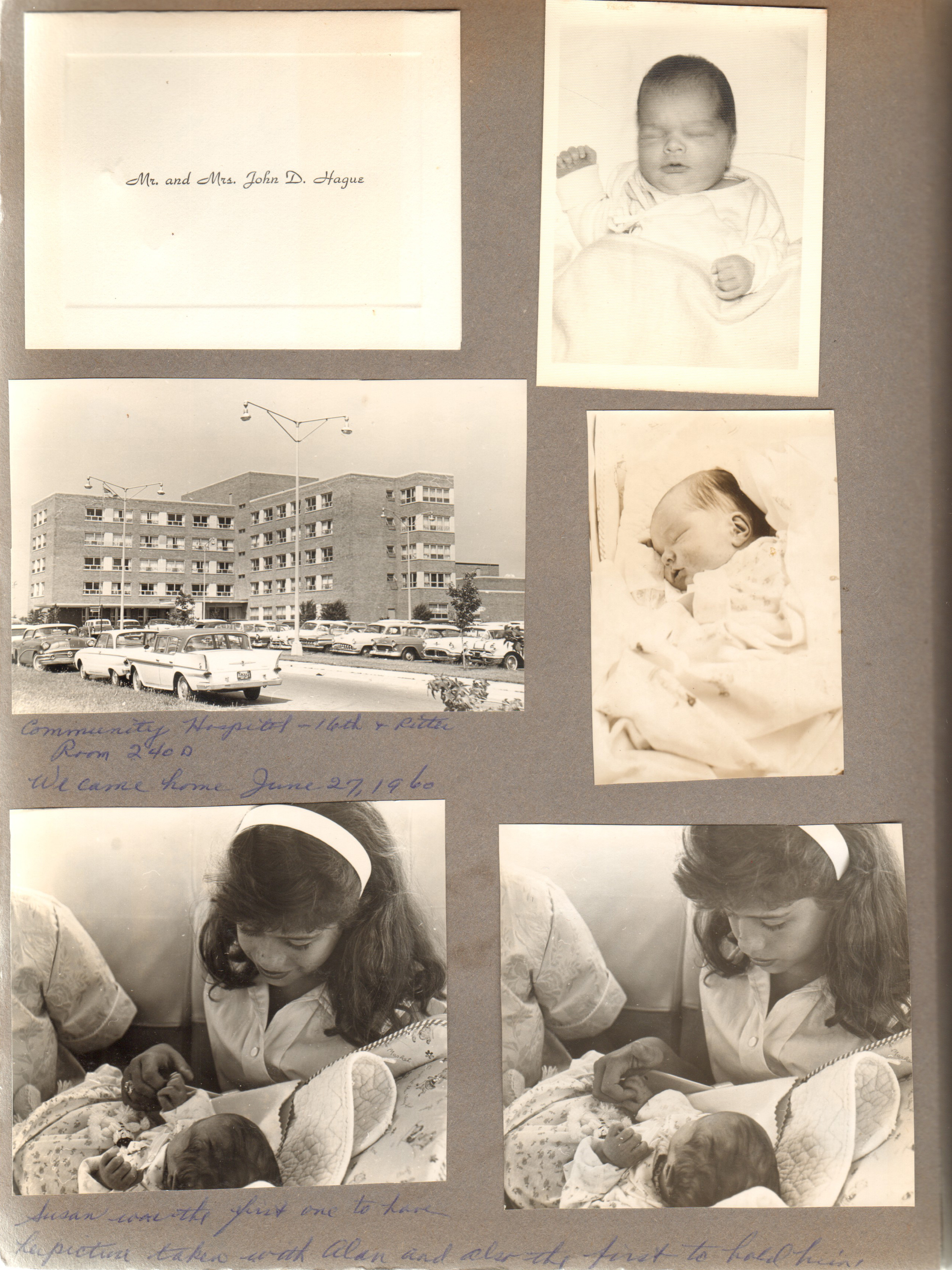 Birth announcement - John Alan Hague. Baby pictures with Susan. Community Hospital 16th and Ritter