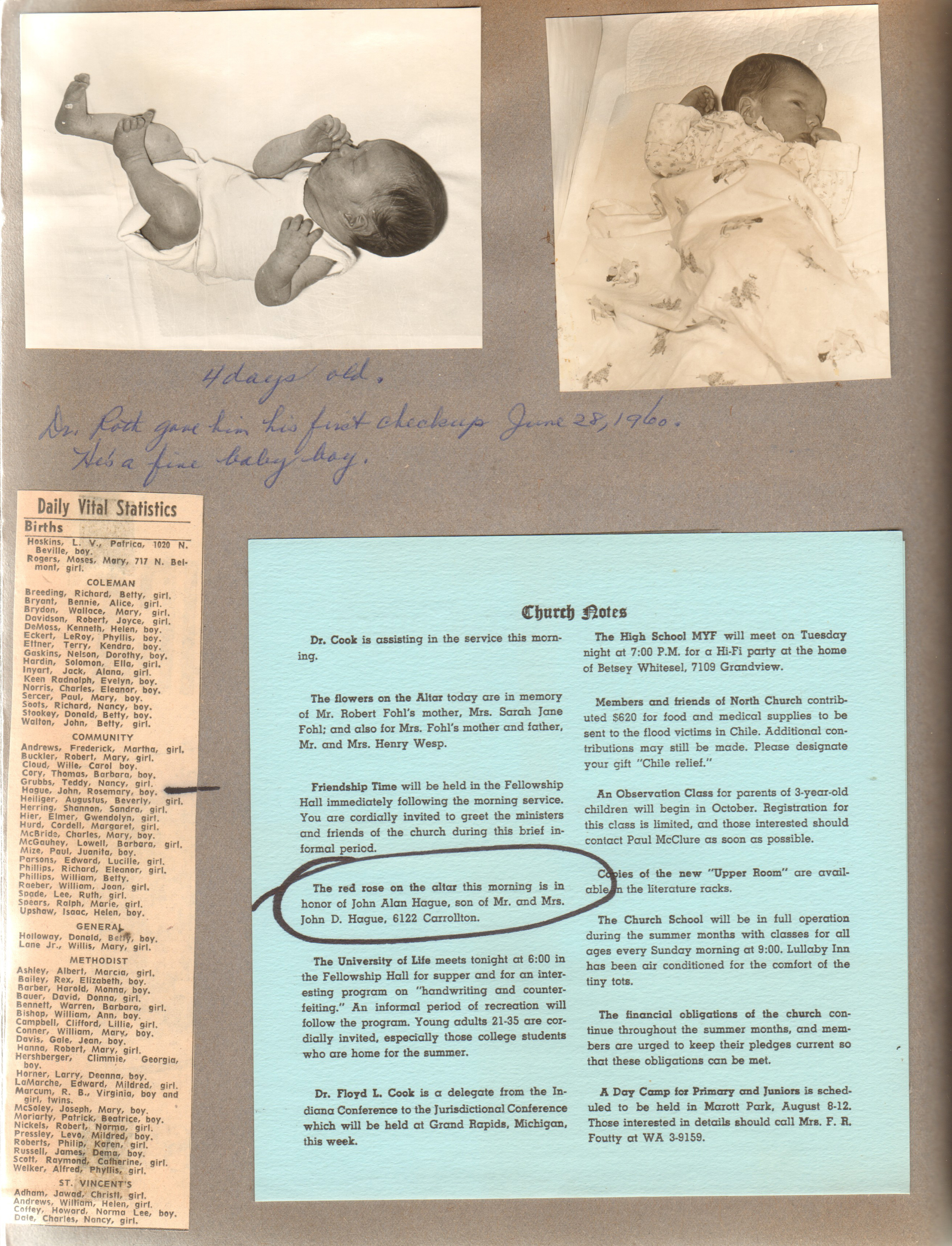 Baby pictures Alan - newspaper clipping - births. North Church notes