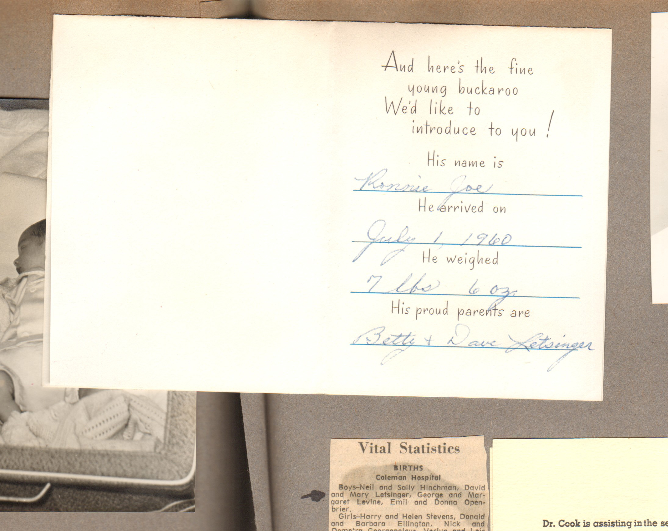 Birth announcement Ronnie Letsinger - inside