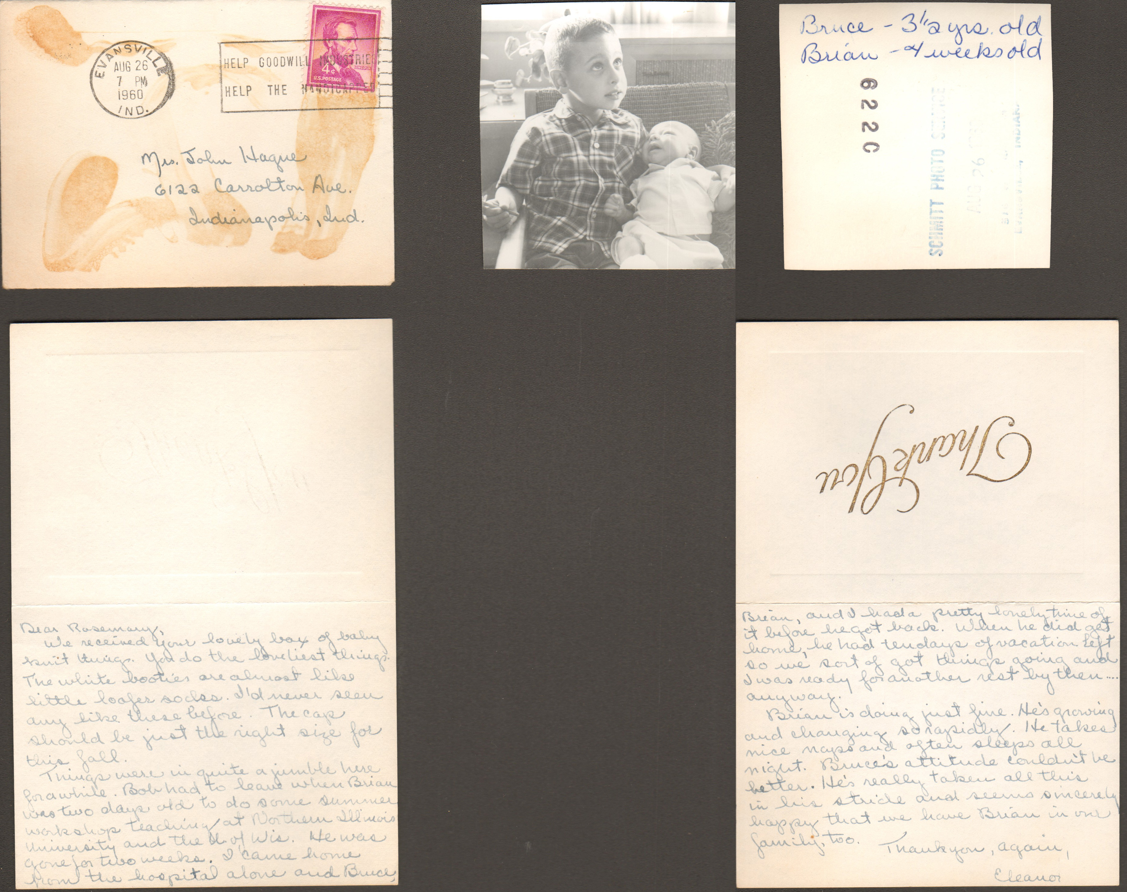 loose items - note from Eleanor Edelman. Picture of Bruce and Brian Edelman.