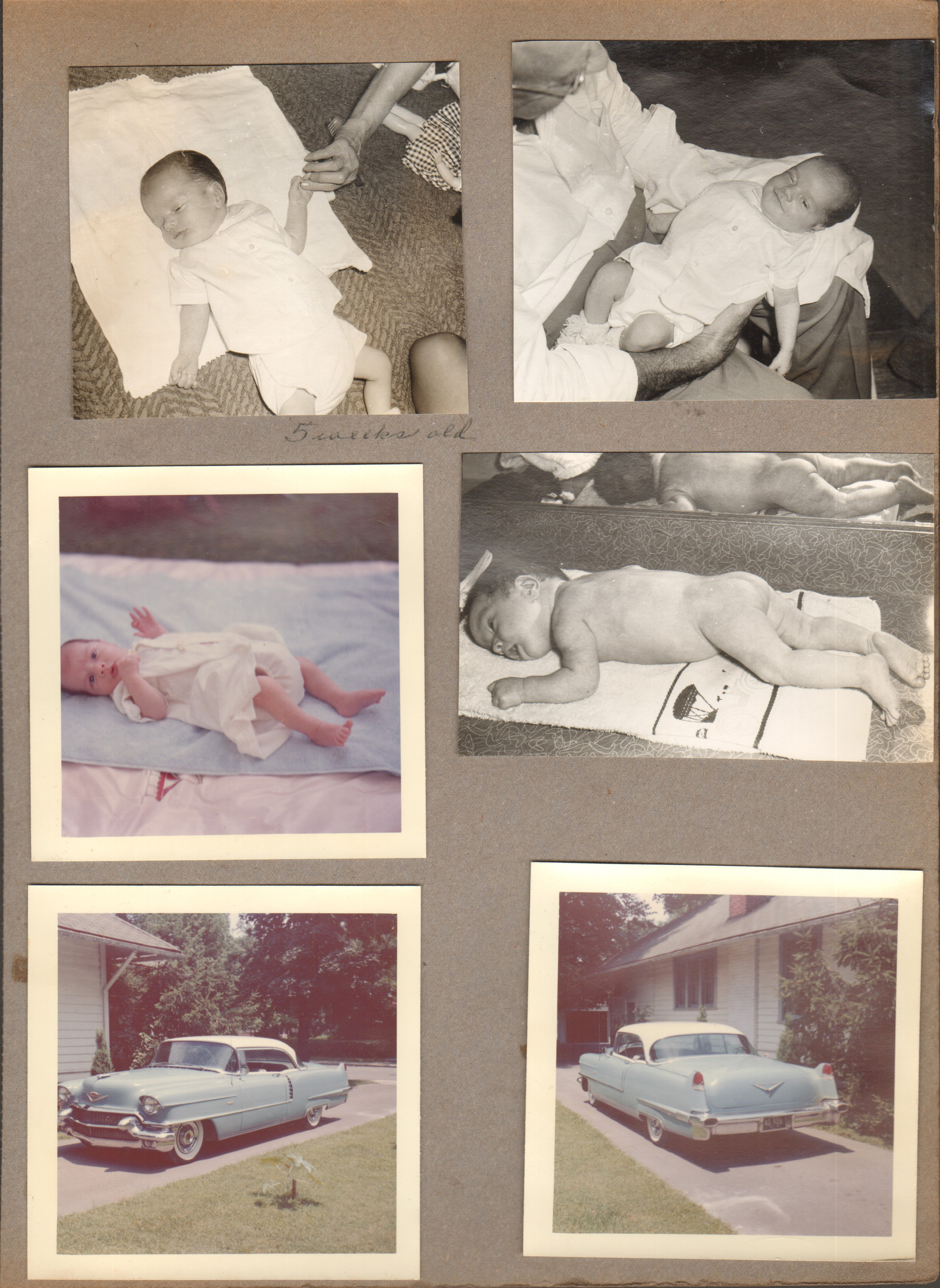 Baby pictures Alan - laying on bathroom counter.  Light blue Cadillac in driveway
