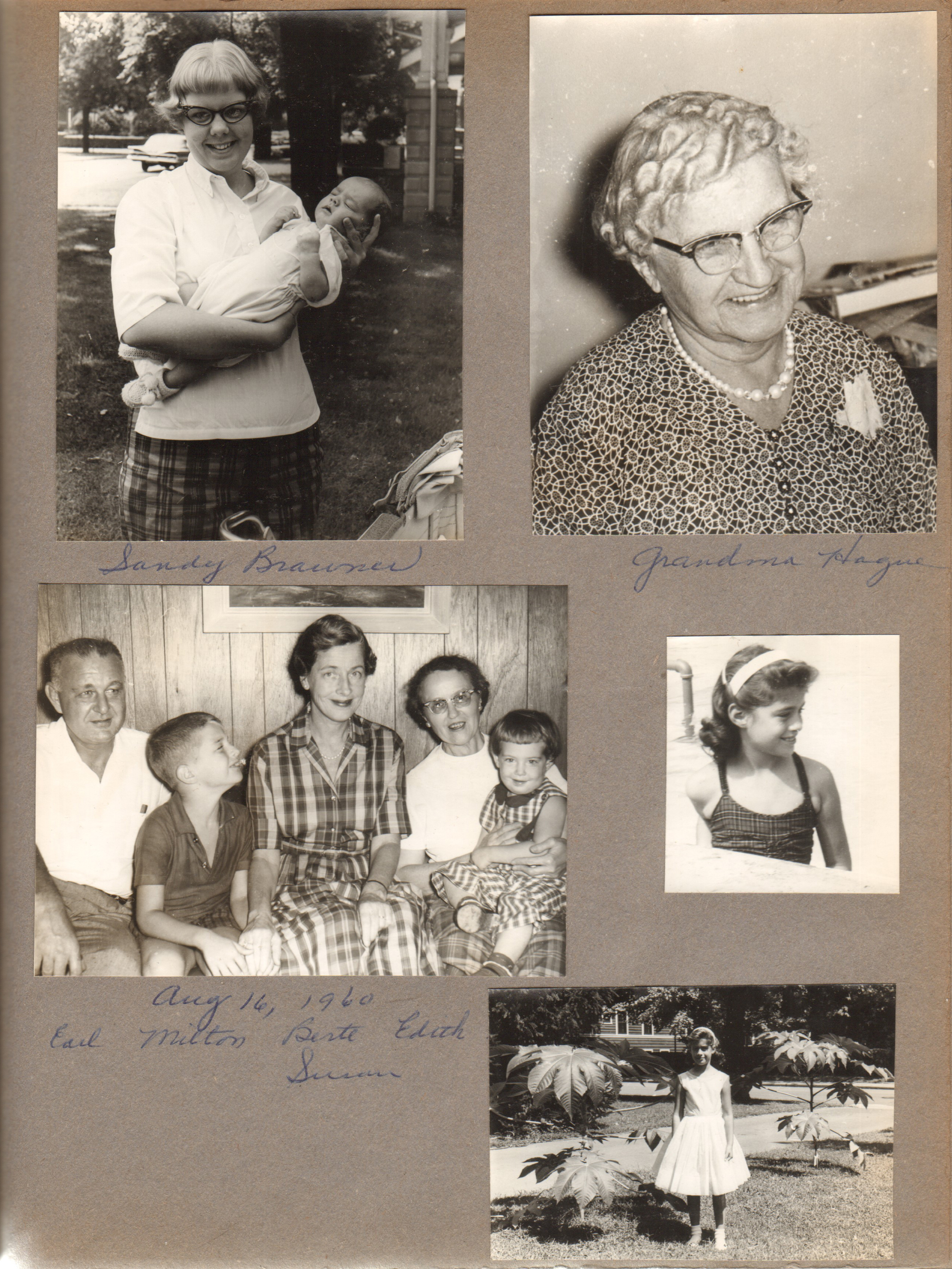 Sandy holding Alan. Grandma Nora Hague. Earl, Milton, Berta, Edith, Susan.  Susan by castor beans 6122.
