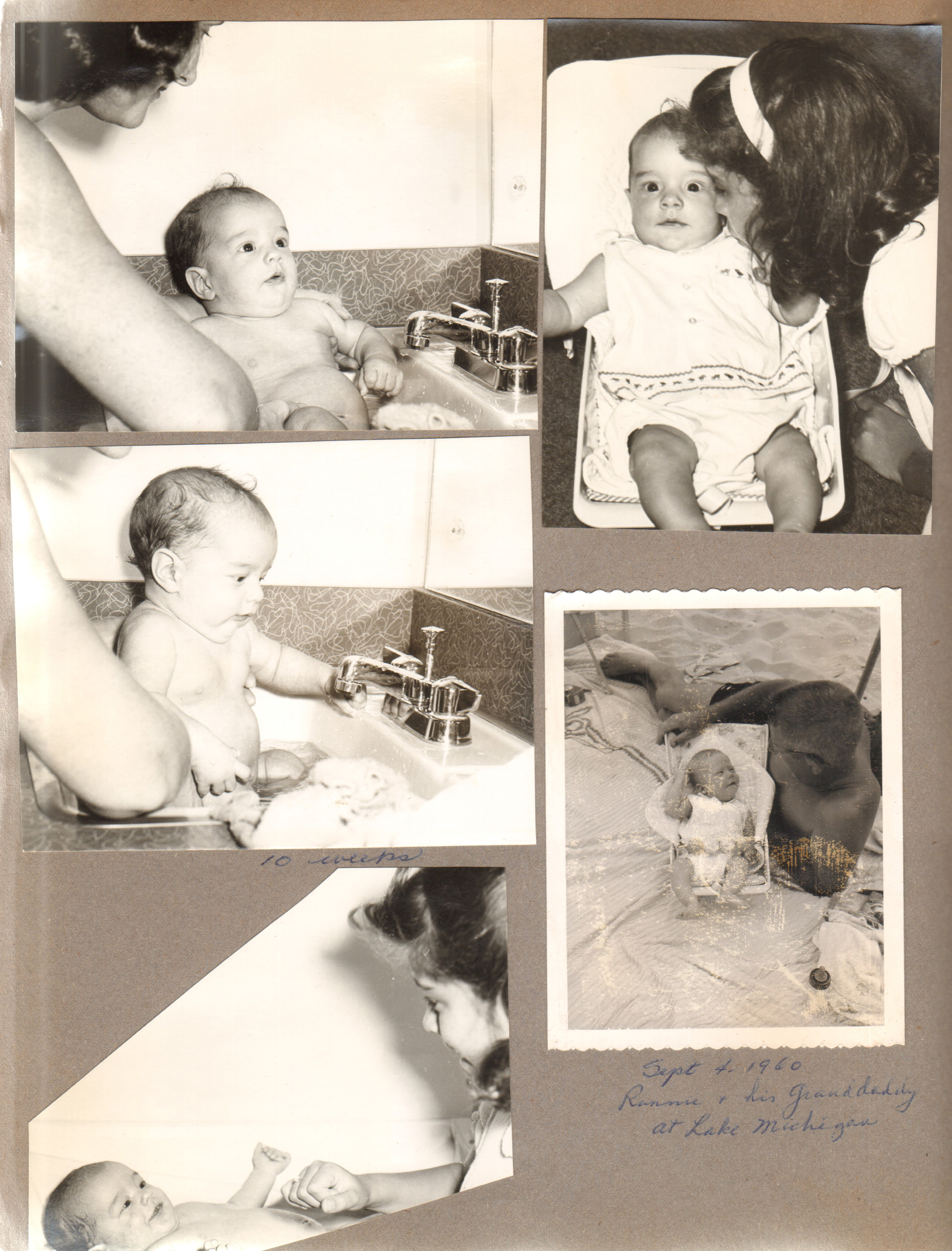 Baby pictures Alan - bath in bathroom sink. Rosemary, Susan. Ronnie and his granddaddy at Lake Michigan