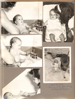 Baby pictures Alan - bath in bathroom sink. Rosemary, Susan. Ronnie and his granddaddy at Lake Michigan
