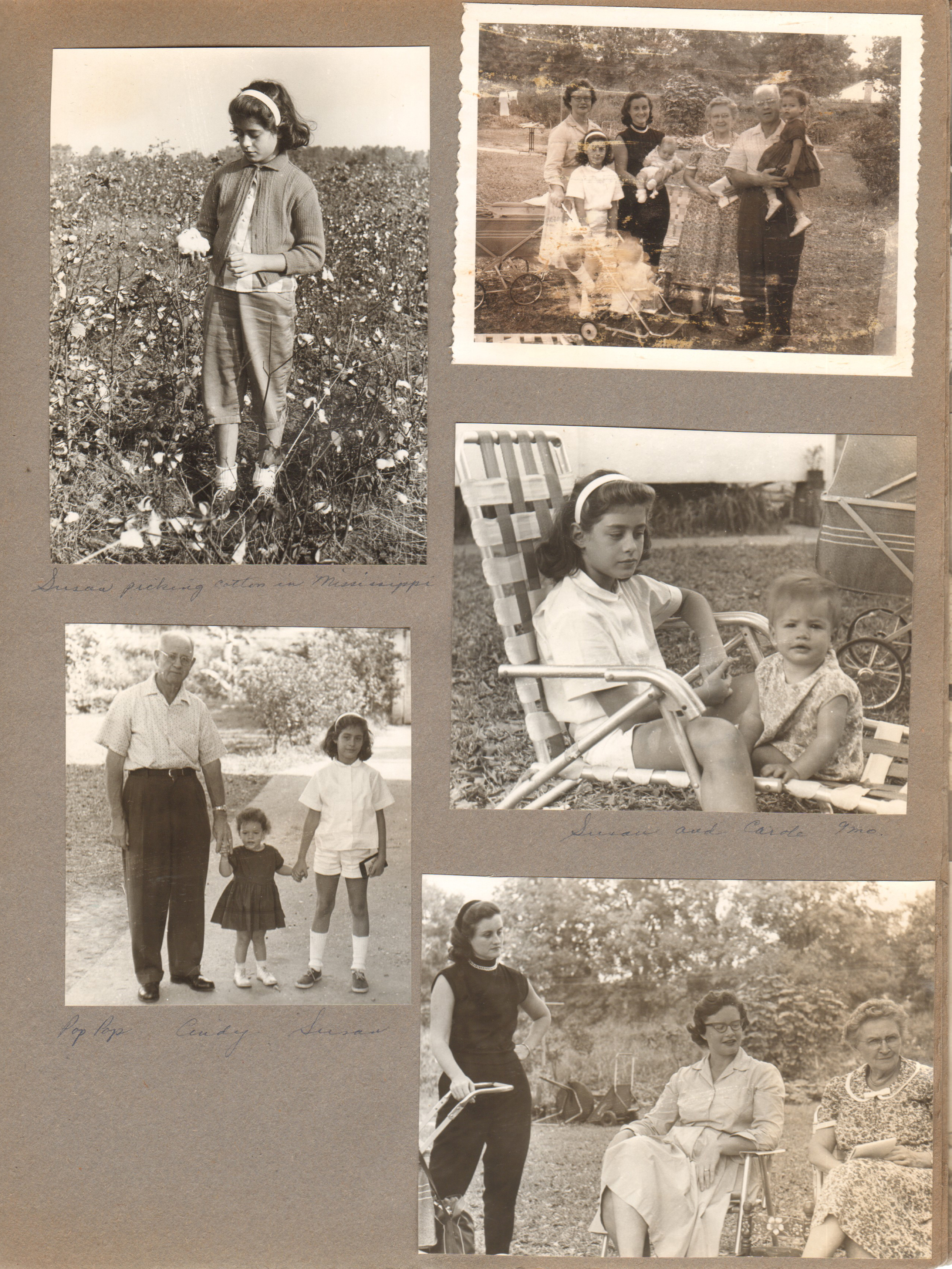 Susan picking cotton in Mississippi. Curt, Cindy and Susan. Helen, Susan, Rosemary, Alan, Vonnie. Curt. Carole. Susan and Carole. Rosemary, Helen and Vonnie.