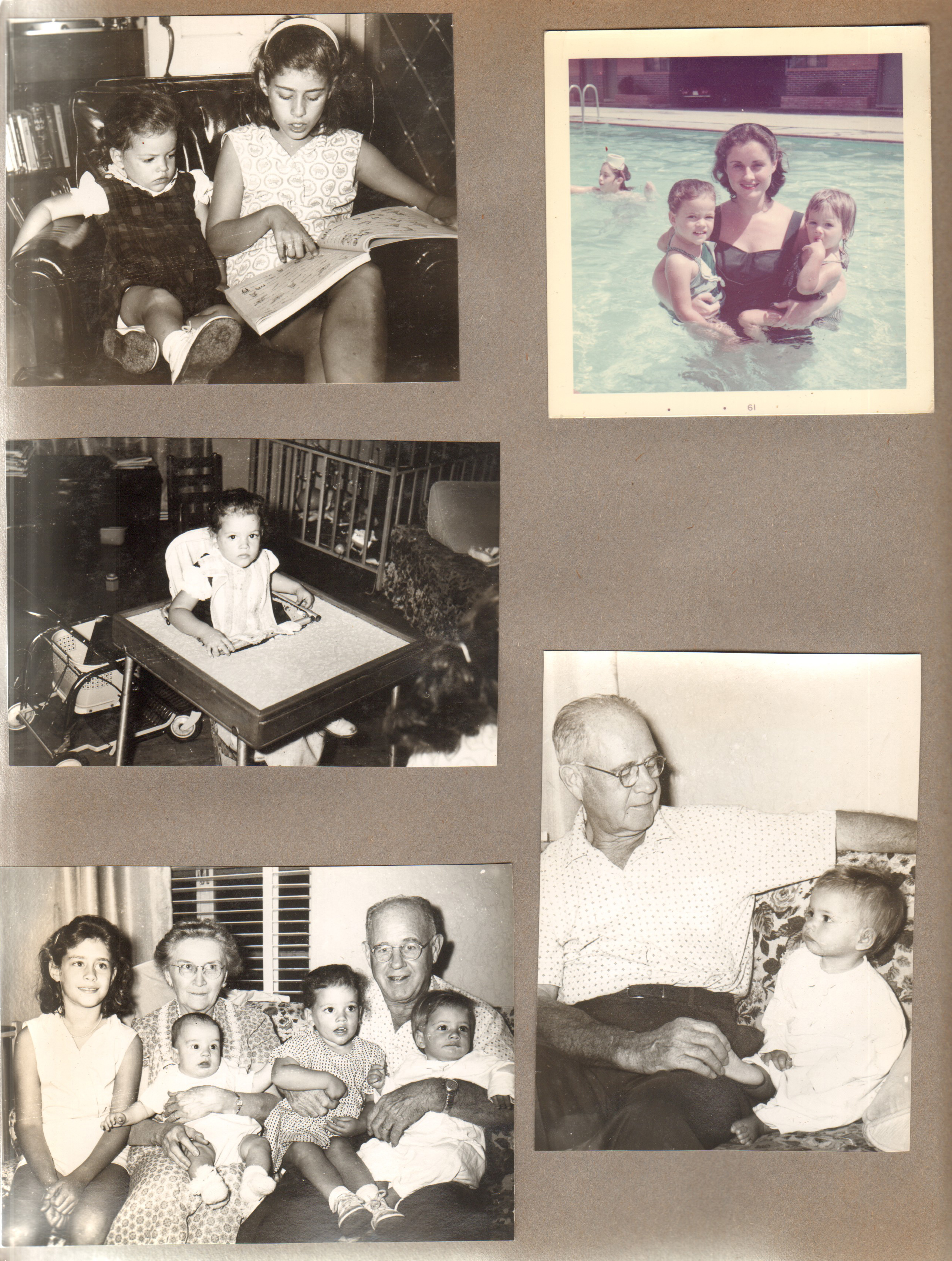 Baton Rouge - Susan reading to Cindy. Cindy in highchair. Susan, Vonnie, Alan, Curt, Cindy and Carole. Rosemary in pool with Cindy and Carole. Curt and Carole.