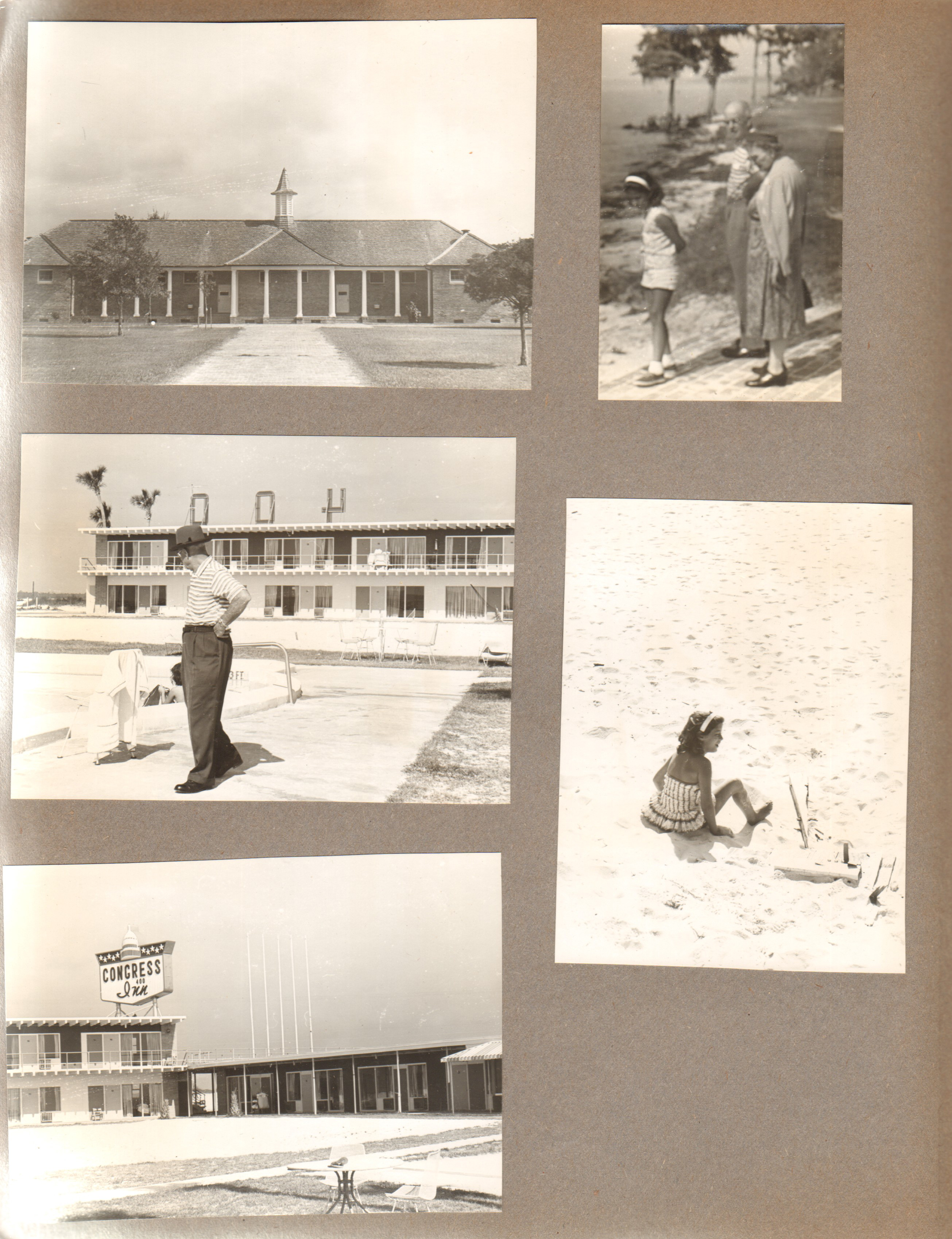 Curt at motel. Congress In motel, Susan on beach. Susan with Curt and Vonnie on beach