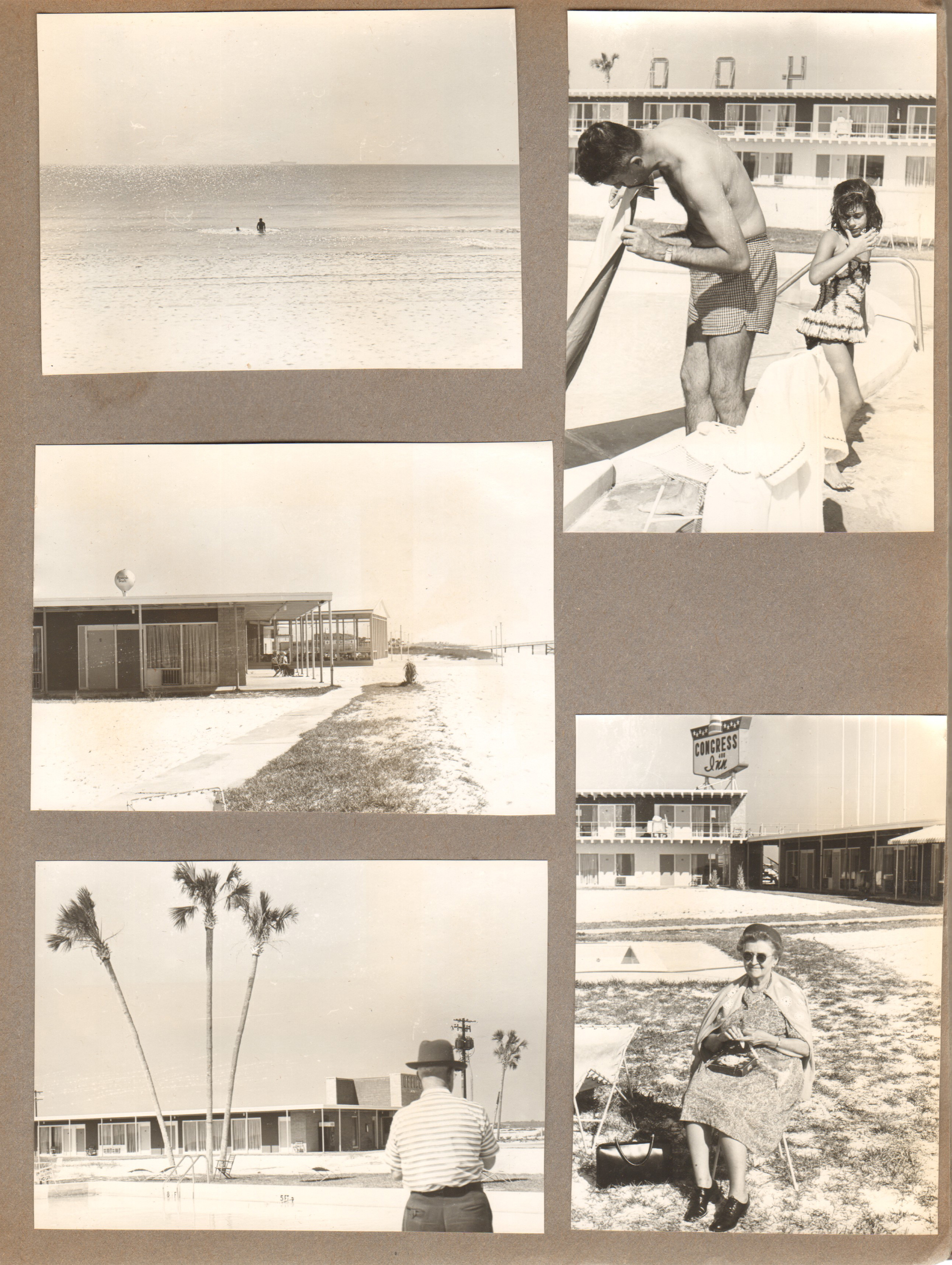 People in ocean. House on beach. Curt at Congress Inn. John and Susan at Congress Inn pool. Vonnie