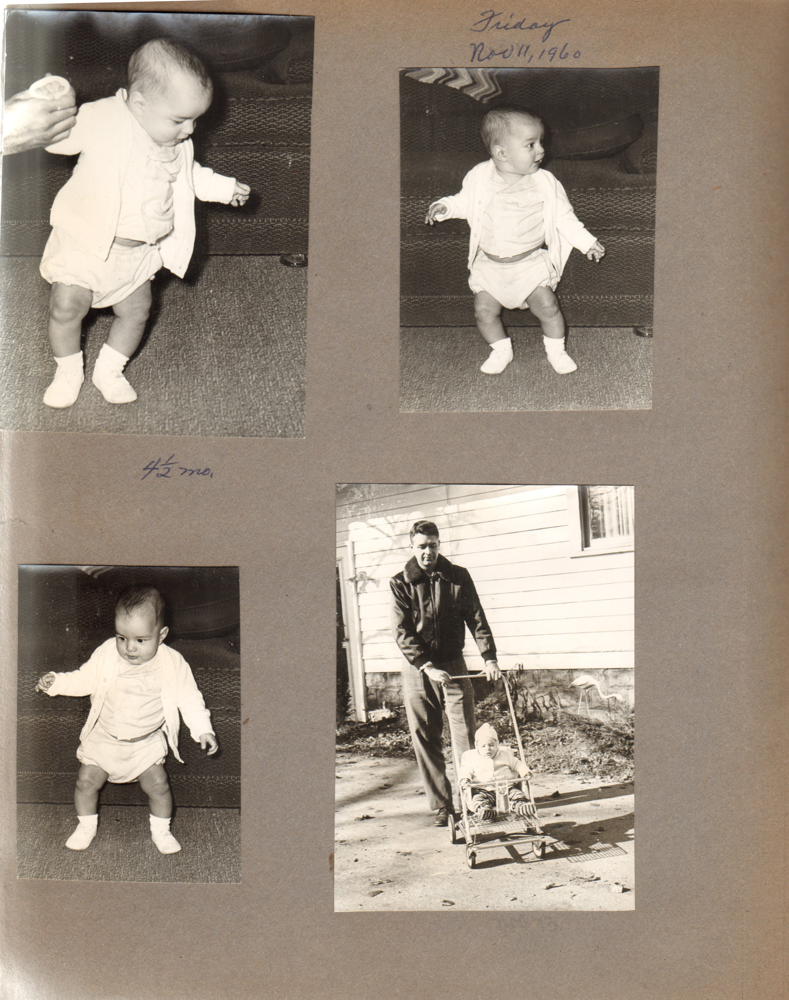 Baby pictures Alan. John wearing bomber jacket with Alan in stroller in driveway 6122