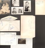 loose pictures - old photo of Lynn and Andy Messersmith and Rob Roberts as kids sitting on a drum. Alan and Susan portraits. Draper Reunion notes - hand-drawn map - Crowden's Drugstore. Negative.