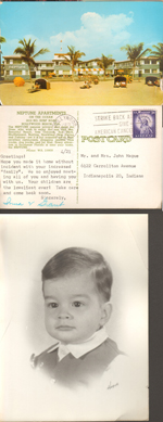 postcard Neptune Apartments from Irma and Grant Davis. Alan portrait.