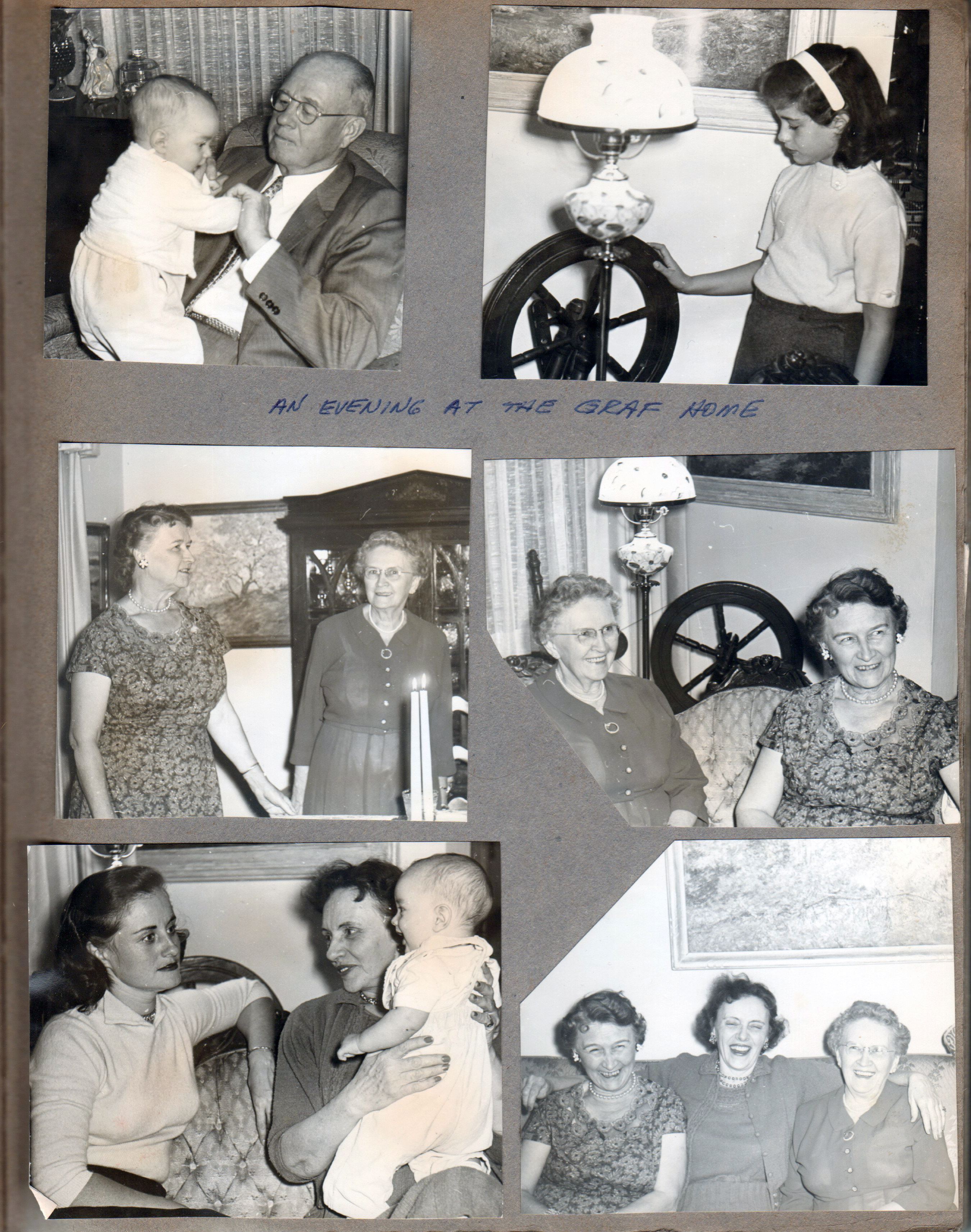 An evening at the Graf home (Josephine Graff? daughter of Josephine Schmidt). Alan? and Curt. Susan. Doroty? and Vonnie. Vonnie and Dorothy? Rosemary and Josephine? 