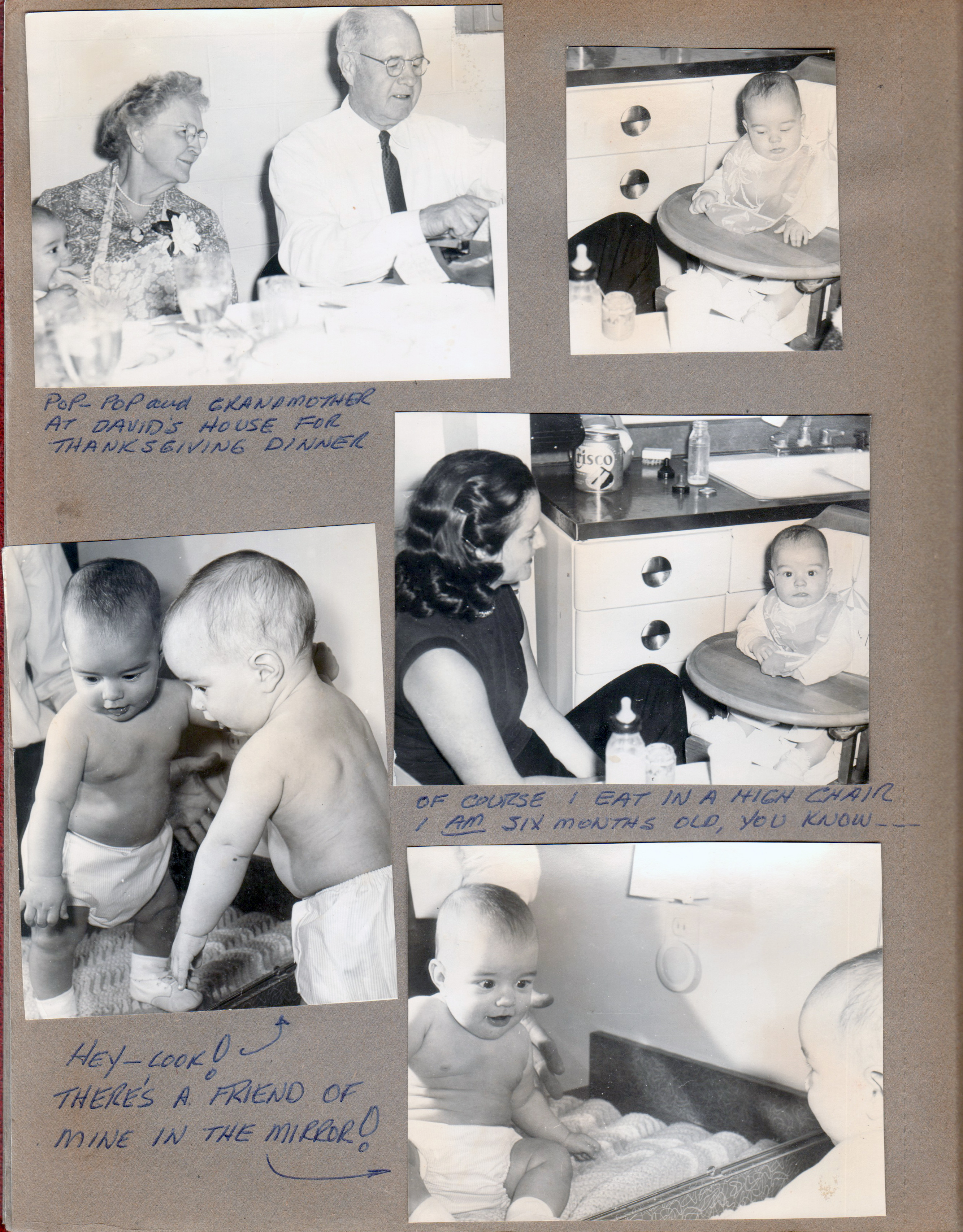 Vonnie and Curt at David's house for Thanksgiving dinner. at 6122 - Alan in highchair in kitchen. on bathroom counter. Rosemary and Alan in kitchen (old Crisco can)
