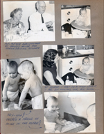 Vonnie and Curt at David's house for Thanksgiving dinner. at 6122 - Alan in highchair in kitchen. on bathroom counter. Rosemary and Alan in kitchen (old Crisco can)