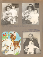 Susan reading Twas The Night Before Christmas to Alan. Bambi cutout. Warren and Alan and Princess. Warren from his new Corvair to see us.