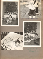 Carole by Christmas Tree in Houston? Carole and Cindy with train set. Alan in swing and playpen.