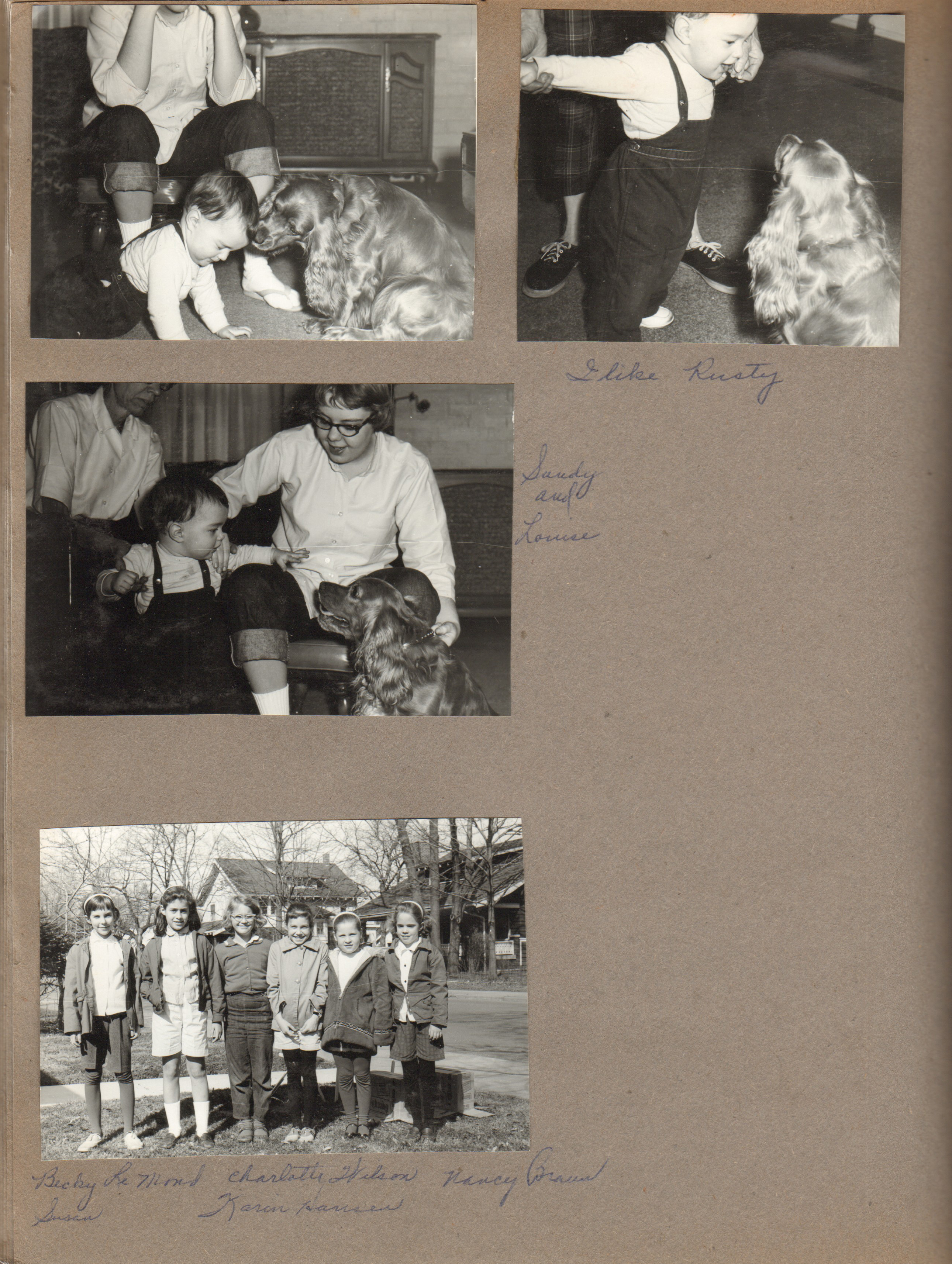 Alan across the street at Brawner's. Rusty, Louise and Sandy. Girls out front on Carrollton Becky LeMond, Susan, Charlotte Wilson, Karin Hansen and Nancy Braun.