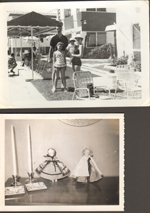 loose photos - Hollywood Beach - Neptune - John, Susan, Alan, Rosemary standing by shuffleboard. 6122 dolls maybe from Finland?, candlesticks and tile ashtrays on buffet.