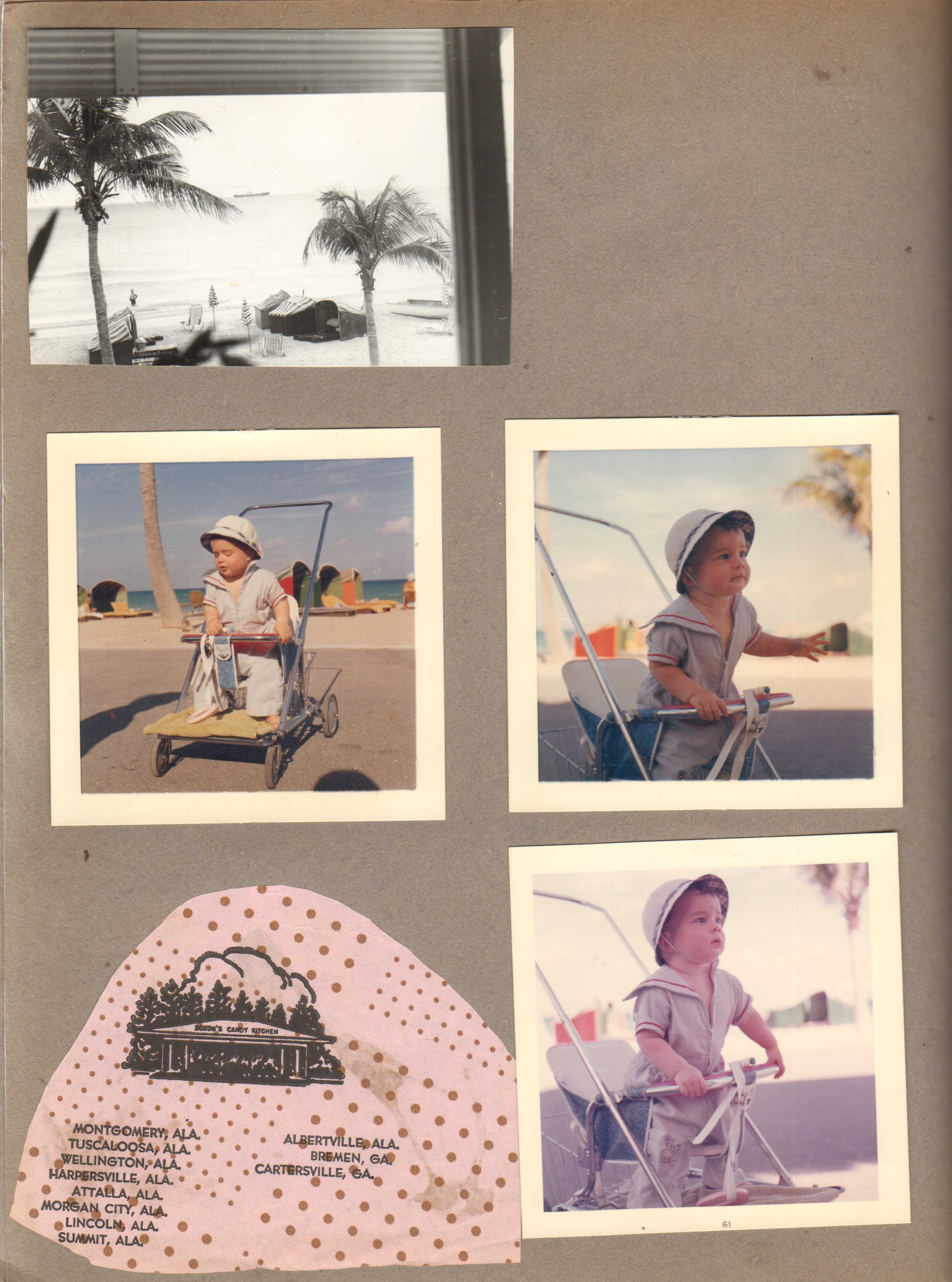 Hollywood Beach - Neptune - ocean and beach from apt 28 window. Color - Alan in stroller on broadwalk. Cutout bag Soxon's Candy Kitchen - Alabama and Georgia (has to be Saxon's).