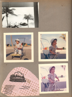 Hollywood Beach - Neptune - ocean and beach from apt 28 window. Color - Alan in stroller on broadwalk. Cutout bag Soxon's Candy Kitchen - Alabama and Georgia (has to be Saxon's).
