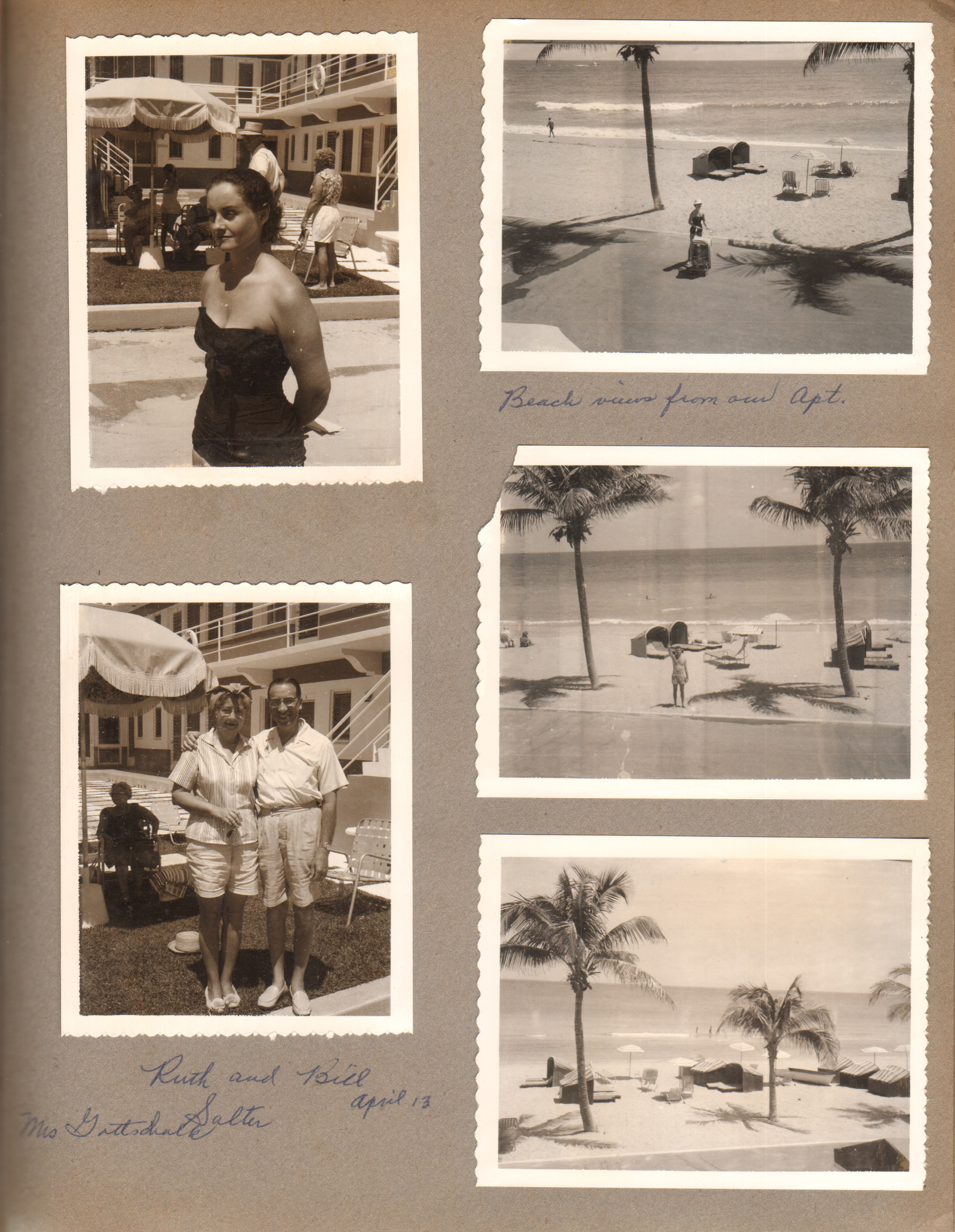Hollywood Beach - Neptune - Rosemary on broadwalk. Beach from apt 28 John waving. Ruth and Bill Salter at Neptune. Mrs Gottschalk.