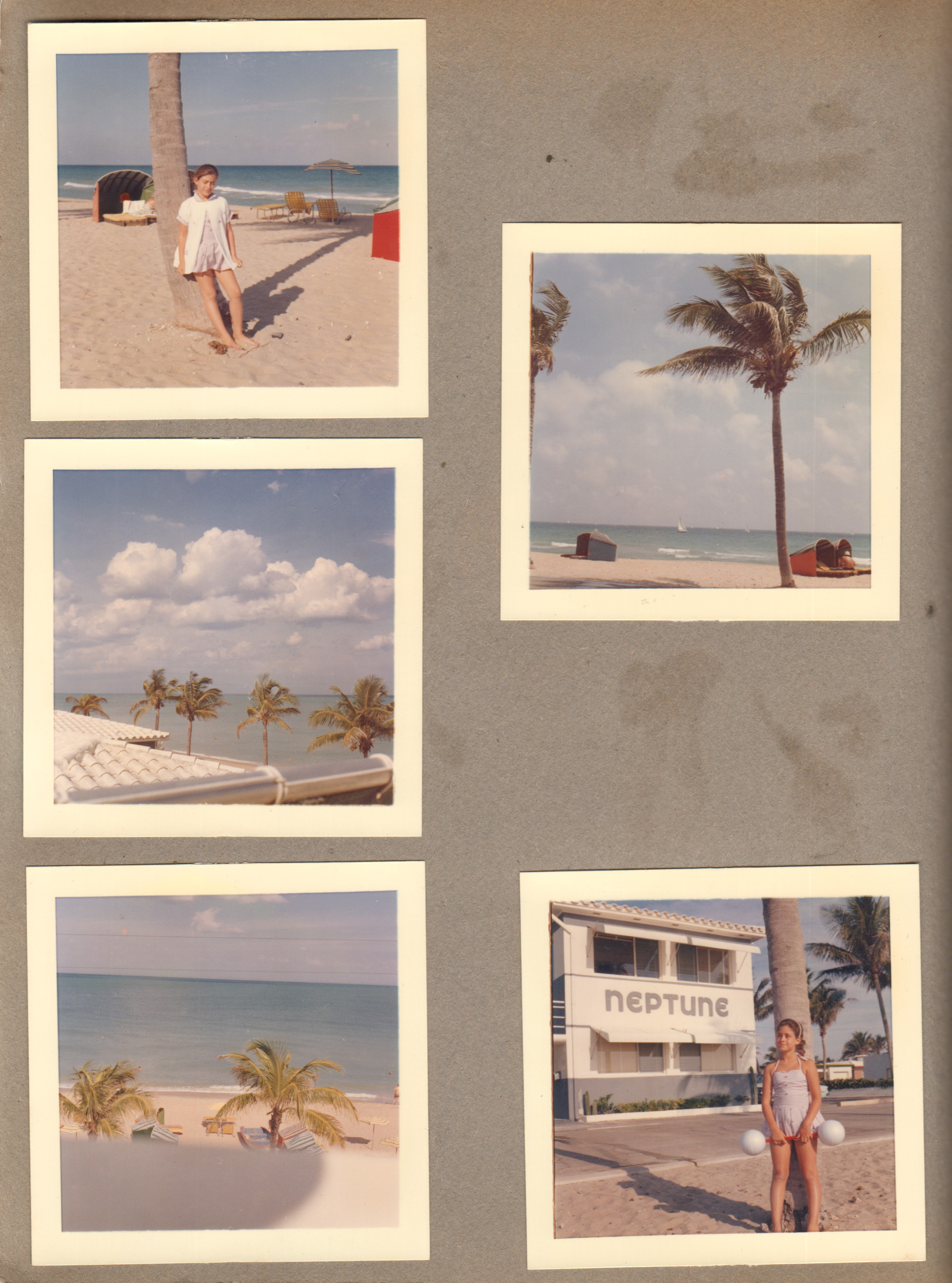 Hollywood Beach - Neptune - color - Susan palm tree. beach, pictures from sun deck. Susan with barbell float.