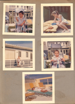 Hollywood Beach - Neptune - color - Alan stroller. Susan upper floor by Neptune life preserver decoration. Susan in cabana. Susan on sundeck.
