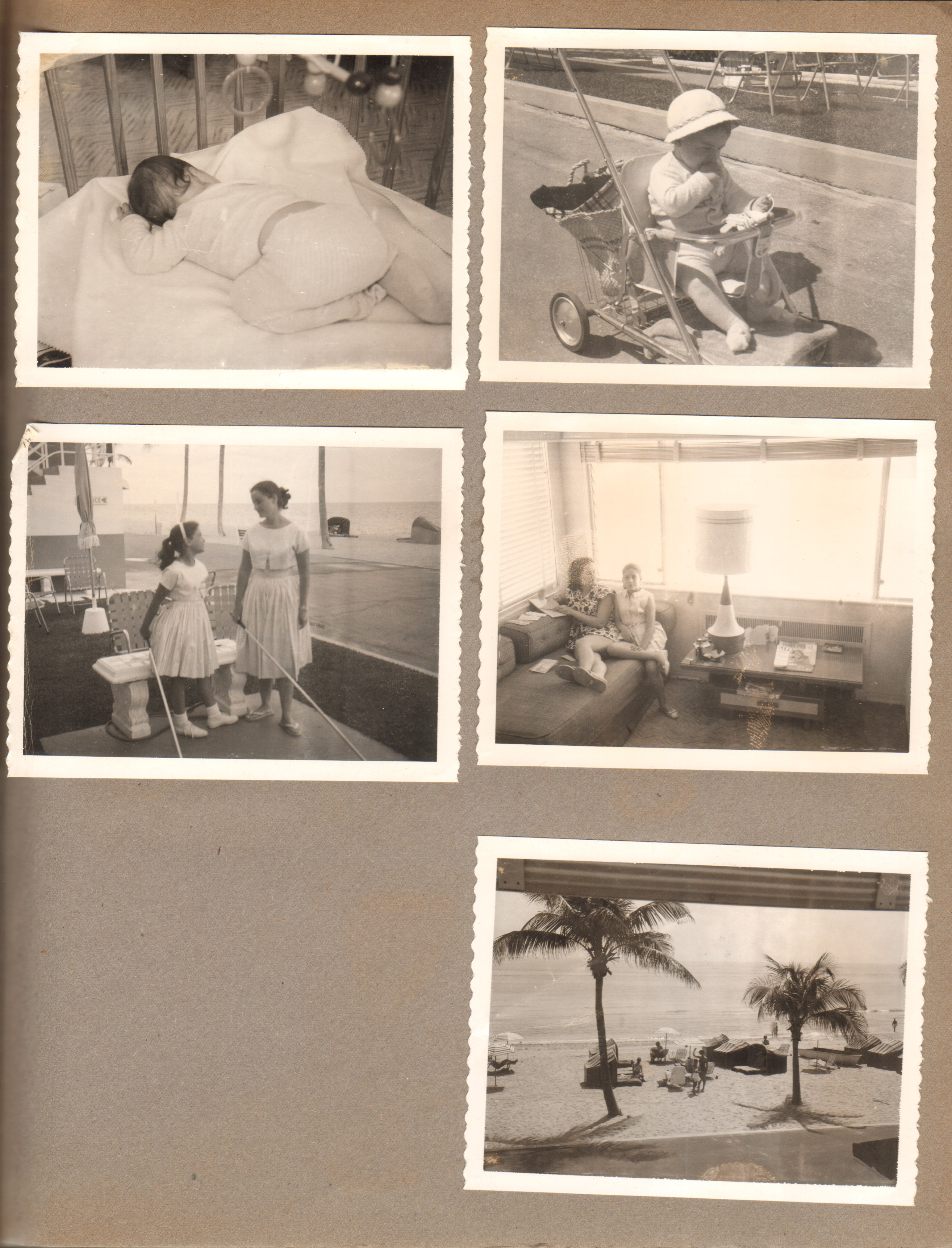 Hollywood Beach - Neptune - Alan crib sleeping. Alan stroller broadwalk. Susan and Rosemary dressed up playing shuffleboard. Rosemary and Susan in apt 28. Beach from window. (Polaroids?)
