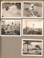 Hollywood Beach - Neptune - Alan crib sleeping. Alan stroller broadwalk. Susan and Rosemary dressed up playing shuffleboard. Rosemary and Susan in apt 28. Beach from window. (Polaroids?)