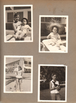 Hollywood Beach - Neptune -  Susan holding Alan. Alan in straw hat. Susan palm tree Neptune behind. Susan with new puppy.