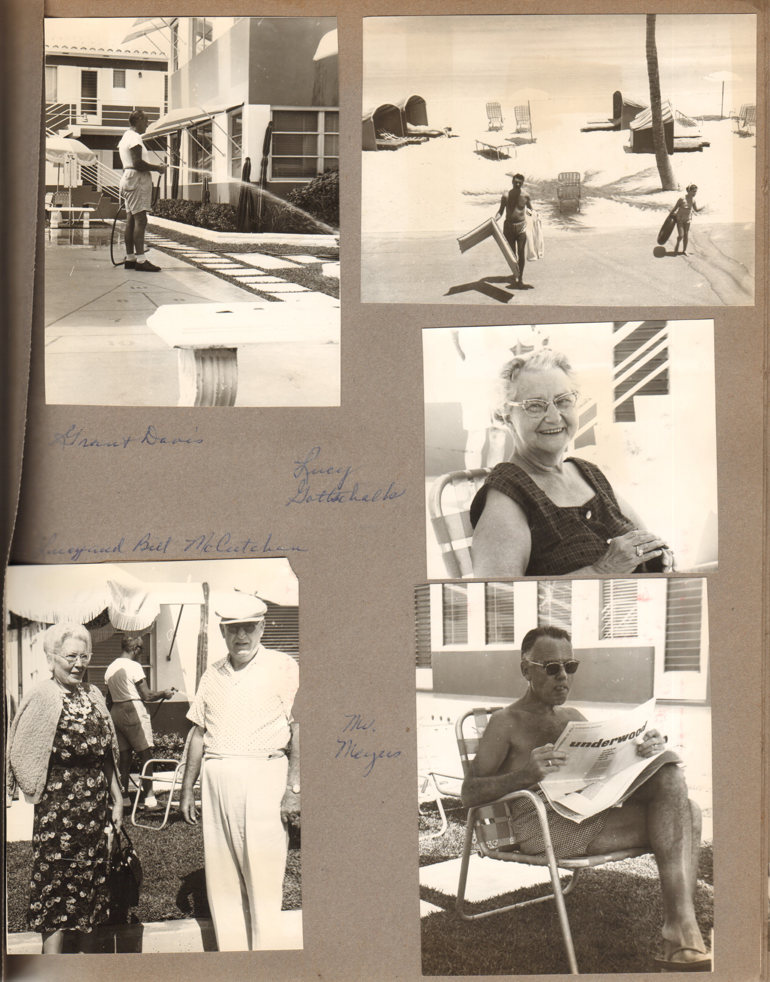 Hollywood Beach - Neptune - Grant David watering grass. Lucy and Bill McCutchen. John and Susan on broadwalk. Lucy Gottschalk. Mr Meyers reading newspaper.