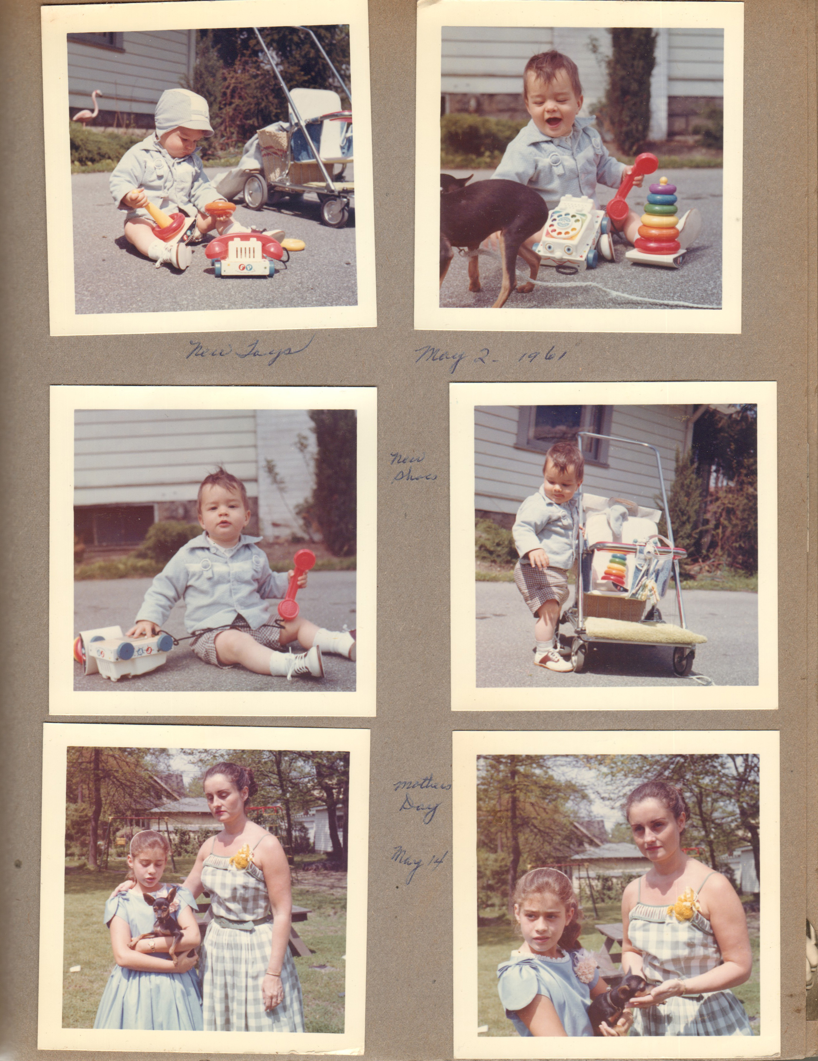 6122 outside - Alan on driveway with Fisher-Price phone. Stroller. Susan, Princess and Rosemary on Mothers Day