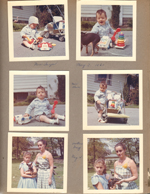 6122 outside - Alan on driveway with Fisher-Price phone. Stroller. Susan, Princess and Rosemary on Mothers Day