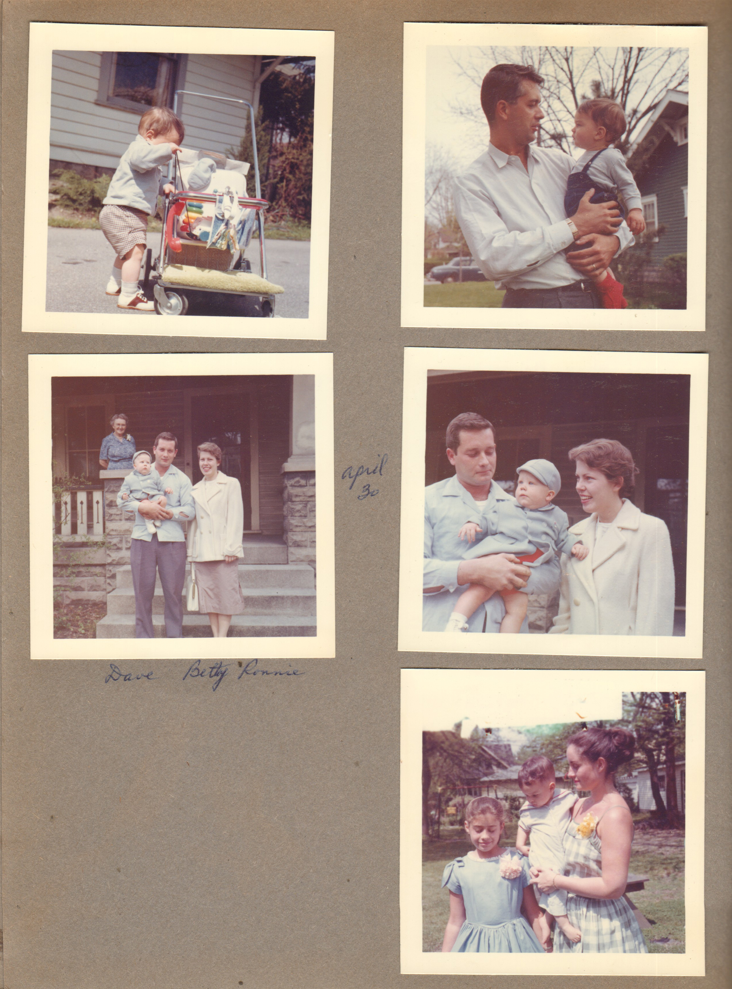 6122 outside - Alan on driveway with stroller. John and Alan in yard. at 3845 - Vonnie on porch, Ronnie, Dave, Betty. At 6122 - Susan Alan Rosemary in yard.