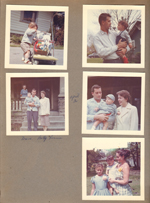 6122 outside - Alan on driveway with stroller. John and Alan in yard. at 3845 - Vonnie on porch, Ronnie, Dave, Betty. At 6122 - Susan Alan Rosemary in yard.