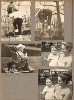 6122 outside - Susan and Nancy Braun on climbing gym. Princess and Alan in stroller. Alan and Rosemary outside - Mothers Day