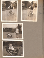 6122 outside - Alan on driveway tricycle. Susan pushing stroller. Pink flamingo in yard.