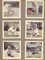 Alan pushing toy cart on driveway with Vonnie. Princess in yard, 6122 house, Alan at green table.