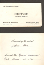 Houston, Texas - business card Crestwood Tourist Hotel 9001 S Main. Birth announcement Wade Kehl Begeman.