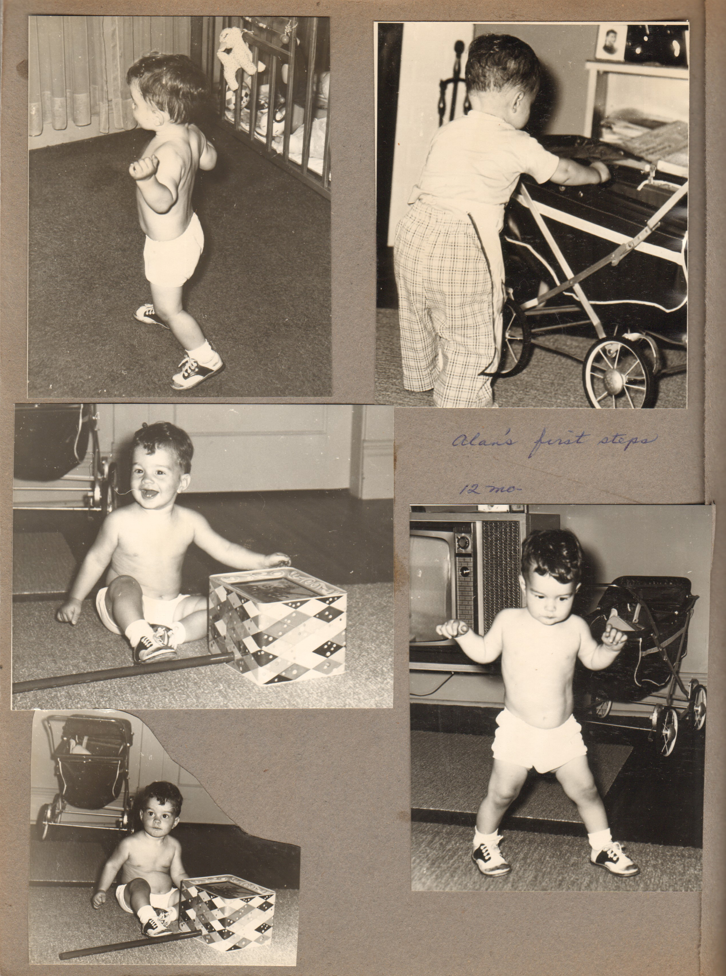 6122 living room - Alan's first steps 12 months. Stroller, TV.