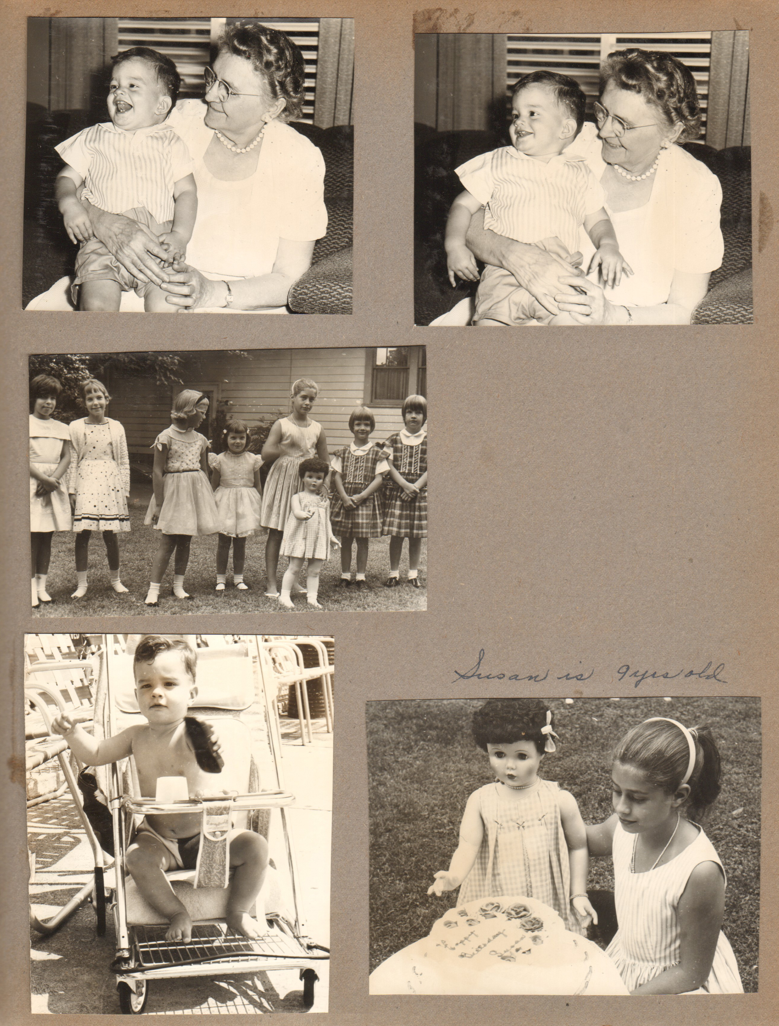 Alan and Vonnie. Susan's 9th birthday )maybe Beth Gootee 2nd from left, Luann and Jayne Snodgrass on right end). Alan in stroller at Riviera Club.