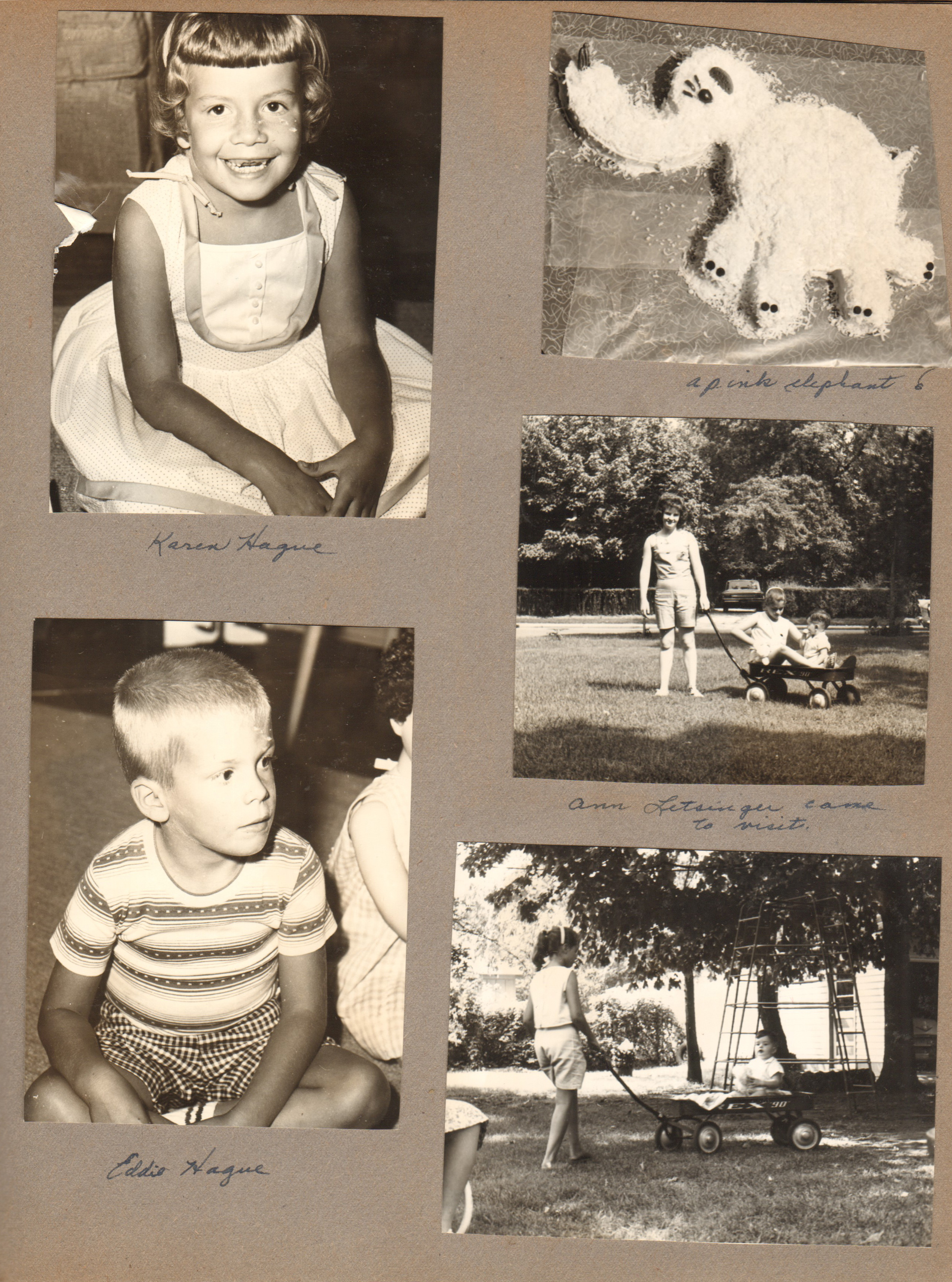 Karen. Eddie. Elephant cake. Ann Letsinger come to visit - Susan and Alan in wagon.