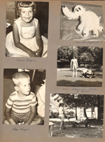 Karen. Eddie. Elephant cake. Ann Letsinger come to visit - Susan and Alan in wagon.