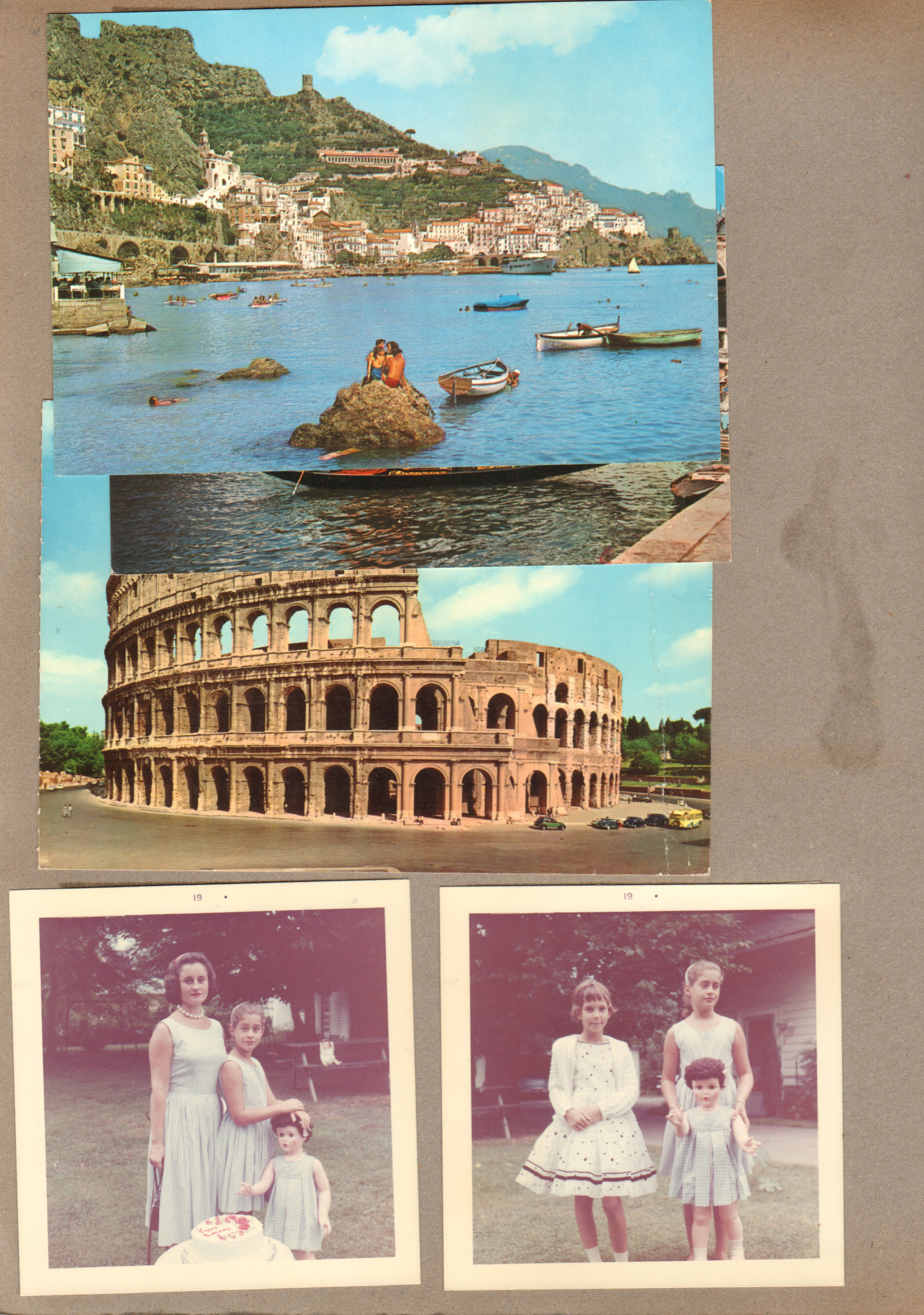 Postcards - Rosemary, Susan, and tall doll in yard. Beth Ann Gootee and Susan.