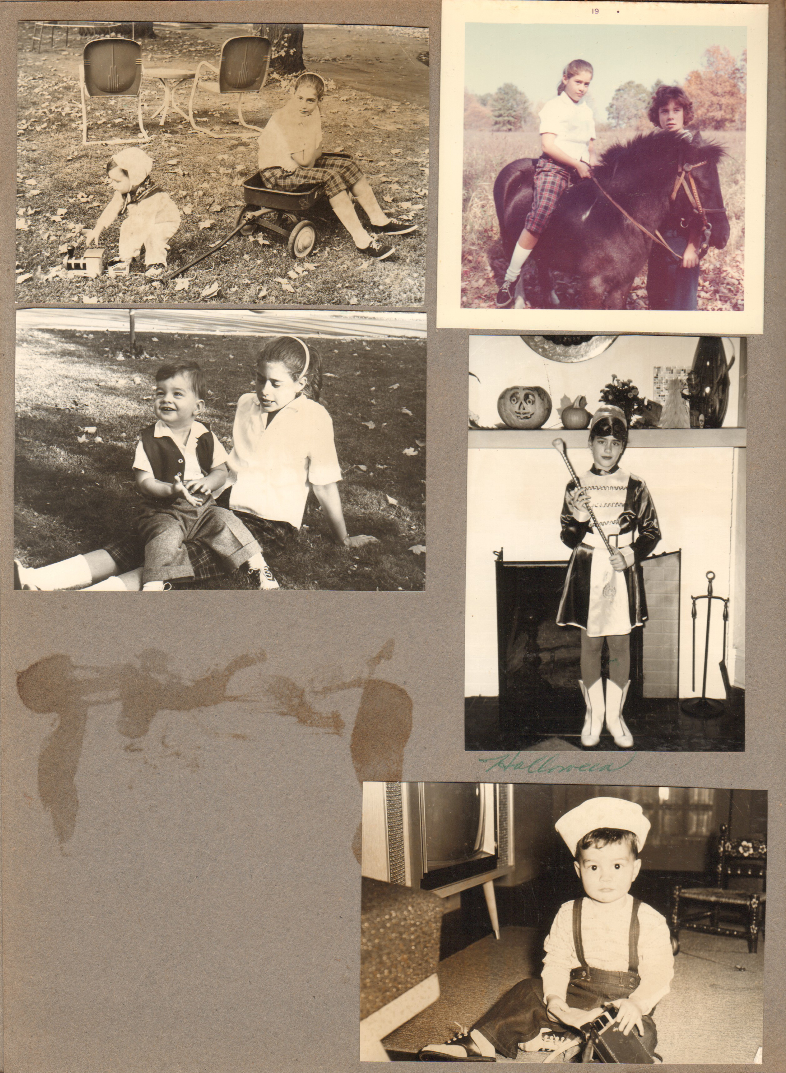 6122 yard - Alan playing, Susan in wagon. Susan on horse. Susan and majorette in living room in front of fireplace at Halloween. Alan in sailor hat in front of TV.