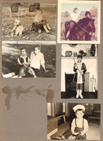 6122 yard - Alan playing, Susan in wagon. Susan on horse. Susan and majorette in living room in front of fireplace at Halloween. Alan in sailor hat in front of TV.
