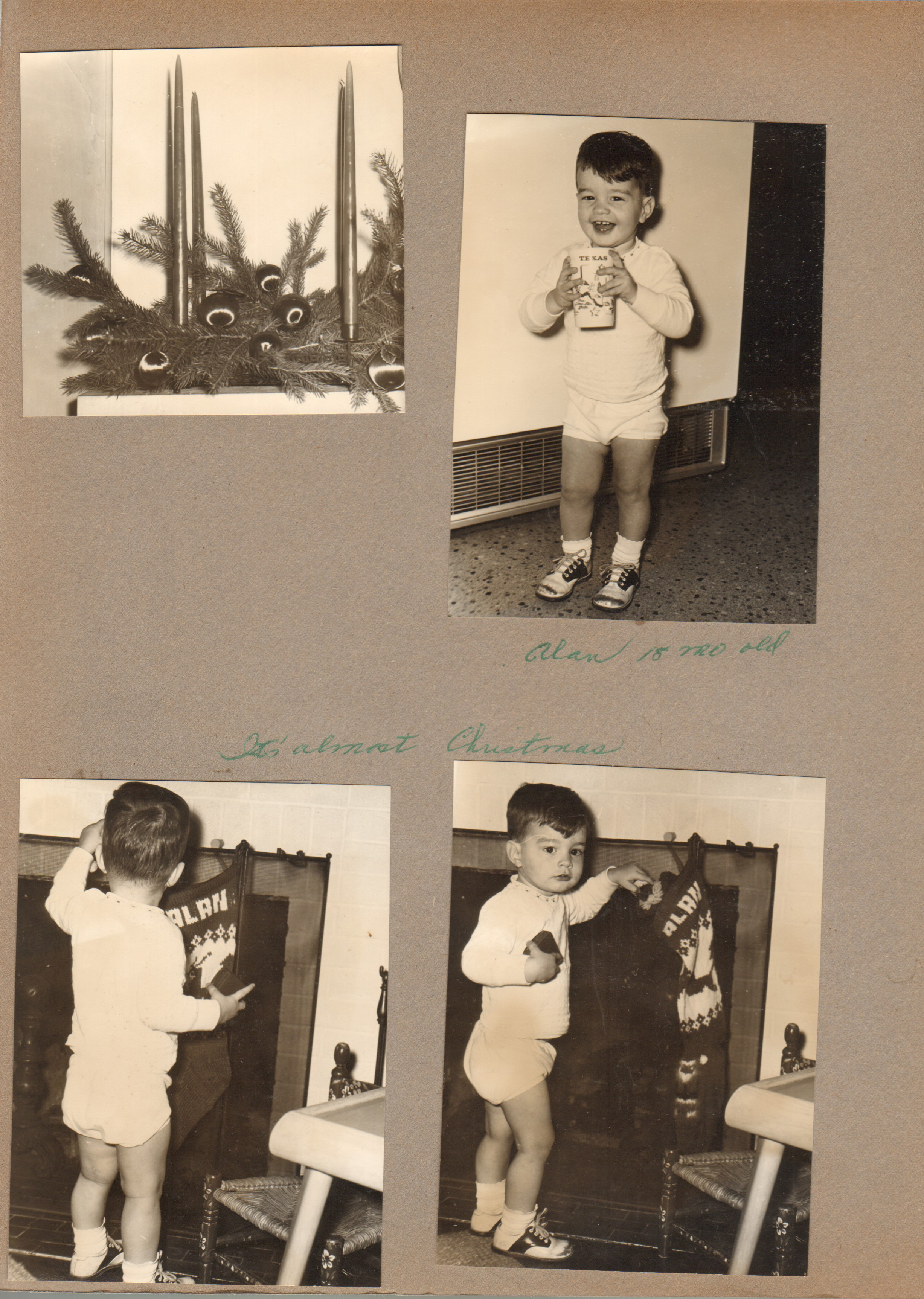 6122 Christmas decoration on mantle. Alan 18 months old in kitchen. at fireplace with stockings.